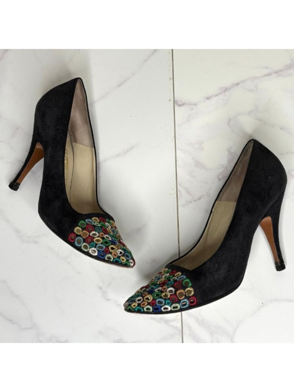 Ferragamo's Creations Black Pallina Ltd Ed Cutwork Embroidered Suede Pumps US 6